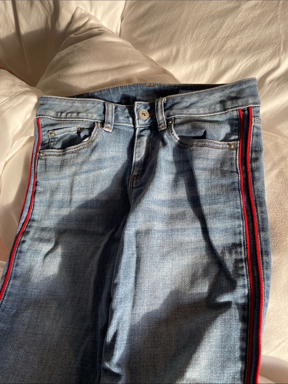 CeCe Slim Straight Denim Jeans with Red Side Stripe - Picture 6 of 8